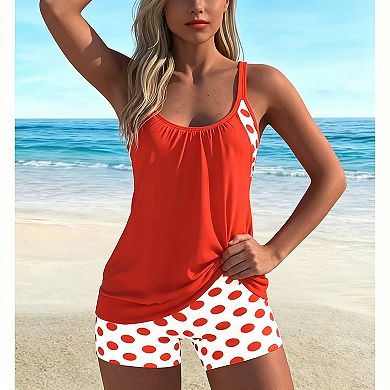 Women's Polka Dot Trim Tankini Set - Scoop Neck Loose Fit Top with Boyshort Bottom