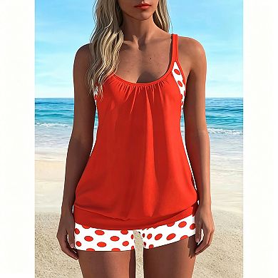 Women's Polka Dot Trim Tankini Set - Scoop Neck Loose Fit Top with Boyshort Bottom