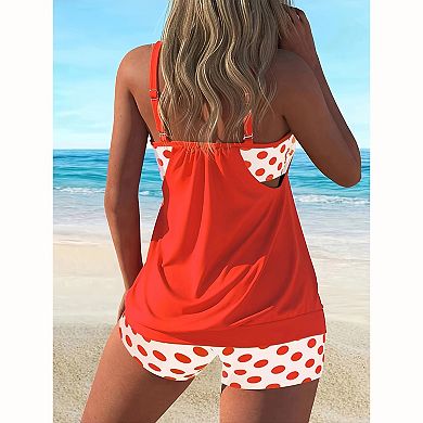Women's Polka Dot Trim Tankini Set - Scoop Neck Loose Fit Top with Boyshort Bottom