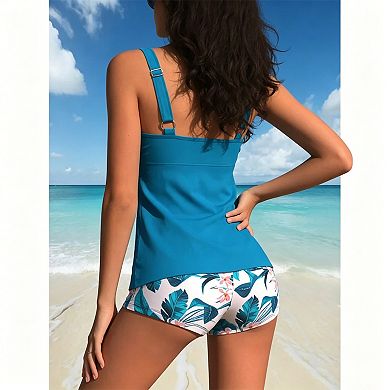 Women's Solid & Tropical Print Tankini Set - Notch Neck Tank Top with Boyshort Bottom