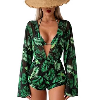 Women's Tropical Leaf 3 pc Bikini Set - Halter Tie Bikini with Long Sleeve Mesh Cover‑Up Romper