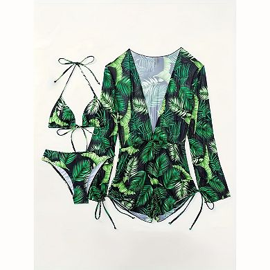 Women's Tropical Leaf 3‑Piece Bikini Set - Halter Tie Bikini with Long Sleeve Mesh Cover‑Up Romper
