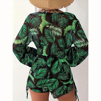 Women's Tropical Leaf 3‑Piece Bikini Set - Halter Tie Bikini with Long Sleeve Mesh Cover‑Up Romper