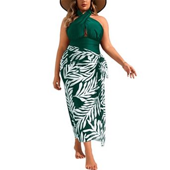 Women's 2 pc Swimsuit - Halter Keyhole One-Piece & Leaf Print Sarong Cover-Up