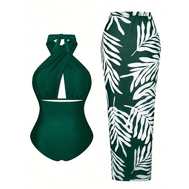 Women's 2-Piece Swimsuit - Halter Keyhole One-Piece & Leaf Print Sarong Cover-Up