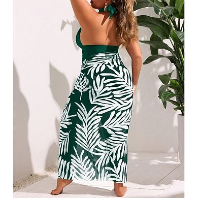 Women's 2-Piece Swimsuit - Halter Keyhole One-Piece & Leaf Print Sarong Cover-Up