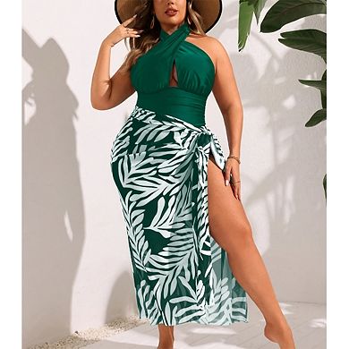 Women's 2-Piece Swimsuit - Halter Keyhole One-Piece & Leaf Print Sarong Cover-Up