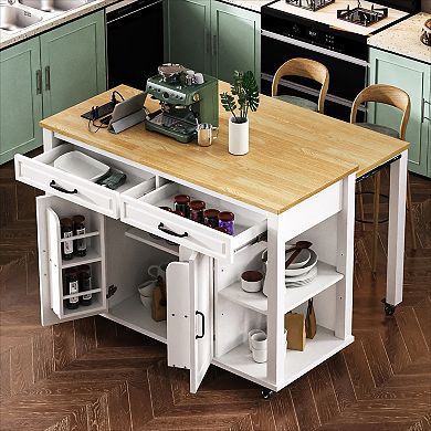 KWPZQEB Wood Kitchen Island with Extendable Dining Table, Internal Storage Rack & Power Outlet