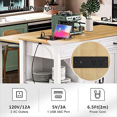 KWPZQEB Wood Kitchen Island with Extendable Dining Table, Internal Storage Rack & Power Outlet