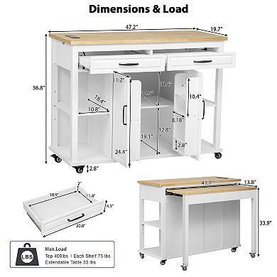 KWPZQEB Wood Kitchen Island with Extendable Dining Table, Internal Storage Rack & Power Outlet