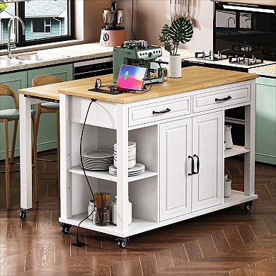 KWPZQEB Wood Kitchen Island with Extendable Dining Table, Internal Storage Rack & Power Outlet