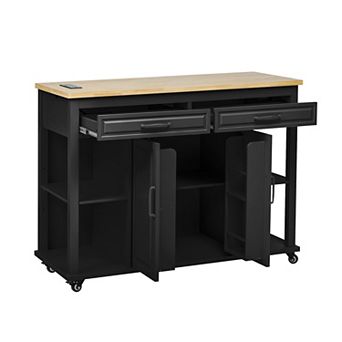 KWPZQEB Wood Kitchen Island with Extendable Dining Table, Internal Storage Rack & Power Outlet