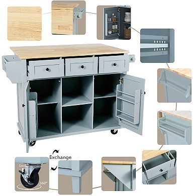 KWPZQEB Modern Kitchen Cart with Drop-Leaf Countertop & 2 Cabinets, Kitchen Island on 5 Wheels