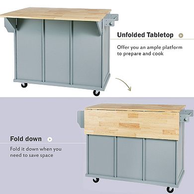 KWPZQEB Modern Kitchen Cart with Drop-Leaf Countertop & 2 Cabinets, Kitchen Island on 5 Wheels