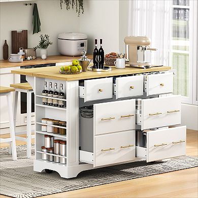 KWPZQEB Modern Kitchen Island with 5 Drawers&Pull Out Trash Can Storage, Kitchen Island on 5 Wheels