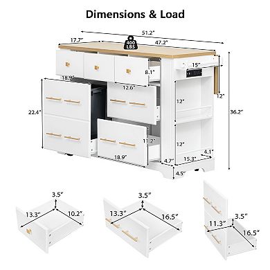 KWPZQEB Modern Kitchen Island with 5 Drawers&Pull Out Trash Can Storage, Kitchen Island on 5 Wheels