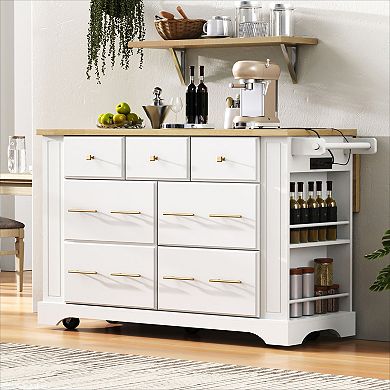 KWPZQEB Modern Kitchen Island with 5 Drawers&Pull Out Trash Can Storage, Kitchen Island on 5 Wheels