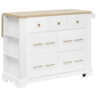 KWPZQEB Modern Kitchen Island with 5 Drawers&Pull Out Trash Can Storage, Kitchen Island on 5 Wheels