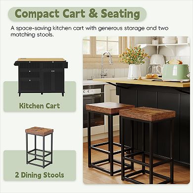 KWPZQEB Farmhouse Kitchen Island with 2 Stools, Kitchen Table Set with Storage Cabinet & 5 Drawers