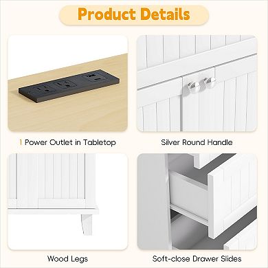 KWPZQEB Farmhouse Kitchen Island with 2 Stools, Kitchen Table Set with Storage Cabinet & 5 Drawers