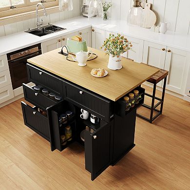 KWPZQEB Farmhouse Kitchen Island with 2 Stools, Kitchen Table Set with Storage Cabinet & 5 Drawers