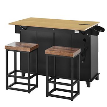 KWPZQEB Farmhouse Kitchen Island with 2 Stools, Kitchen Table Set with Storage Cabinet & 5 Drawers