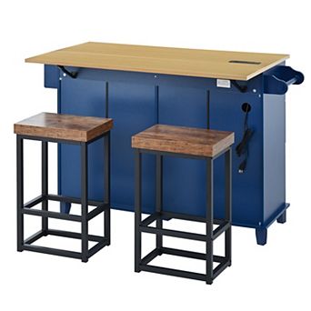 KWPZQEB Farmhouse Kitchen Island with 2 Stools, Kitchen Table Set with Storage Cabinet & 5 Drawers