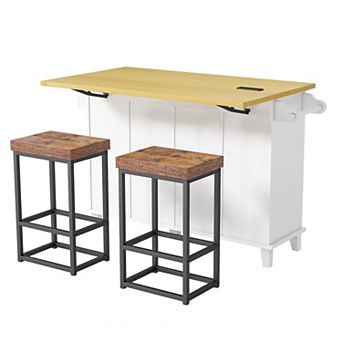 KWPZQEB Farmhouse Kitchen Island with 2 Stools, Kitchen Table Set with Storage Cabinet & 5 Drawers