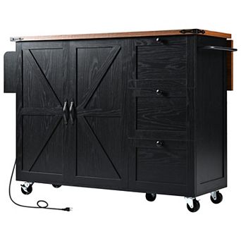 KWPZQEB Farmhouse 2 Barn Door Kitchen Island with Power Outlet & 3 Drawers, Kitchen Cart on Wheels