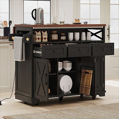 KWPZQEB Farmhouse Drape of Beads Kitchen Island with Power Outlet & Drop Leaf for Kitchen
