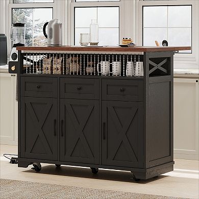 KWPZQEB Farmhouse Drape of Beads Kitchen Island with Power Outlet & Drop Leaf for Kitchen