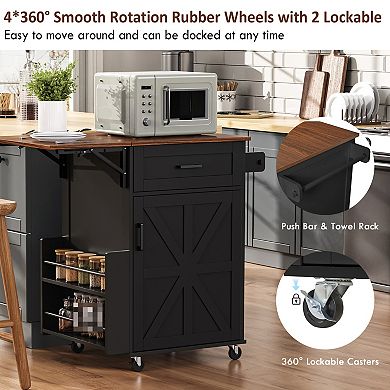 KWPZQEB Small Farmhouse Kitchen Island with Drop Leaf & Open Side Rack, Towel Rack & Drawer & Wheels