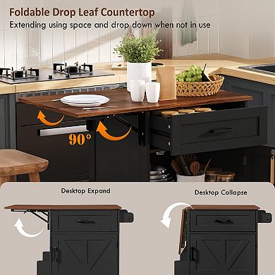 KWPZQEB Small Farmhouse Kitchen Island with Drop Leaf & Open Side Rack, Towel Rack & Drawer & Wheels