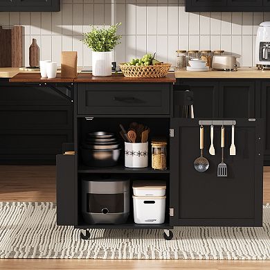 KWPZQEB Small Farmhouse Kitchen Island with Drop Leaf & Open Side Rack, Towel Rack & Drawer & Wheels
