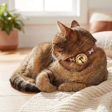 Adjustable Dog & Cat Collar with Paw Print Decoration and Bell Soft PU Leather