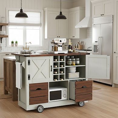 KWPZQEB Farmhouse Barn Door Kitchen Island with Drop Leaf & Power Outlet, 2 Drawers & 4 Wheels