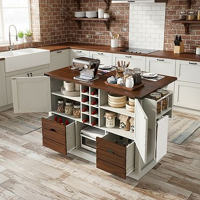 KWPZQEB Farmhouse Barn Door Kitchen Island with Drop Leaf & Power Outlet, 2 Drawers & 4 Wheels