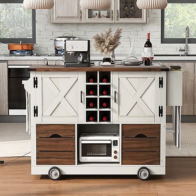 KWPZQEB Farmhouse Barn Door Kitchen Island with Drop Leaf & Power Outlet, 2 Drawers & 4 Wheels