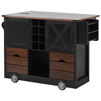 KWPZQEB Farmhouse Barn Door Kitchen Island with Drop Leaf & Power Outlet, 2 Drawers & 4 Wheels