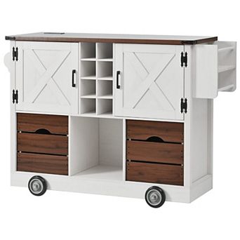 KWPZQEB Farmhouse Barn Door Kitchen Island with Drop Leaf & Power Outlet, 2 Drawers & 4 Wheels