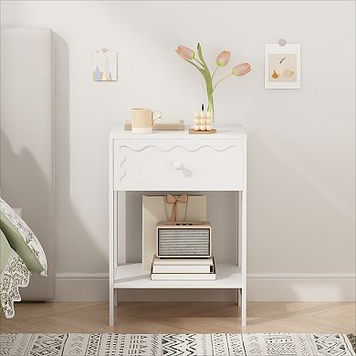 KWPZQEB Modern Wave Pattern Nightstand with Drawer and Open Shelf, Bedside Table for Bedroom