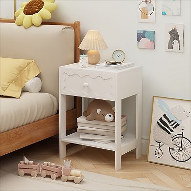 KWPZQEB Modern Wave Pattern Nightstand with Drawer and Open Shelf, Bedside Table for Bedroom