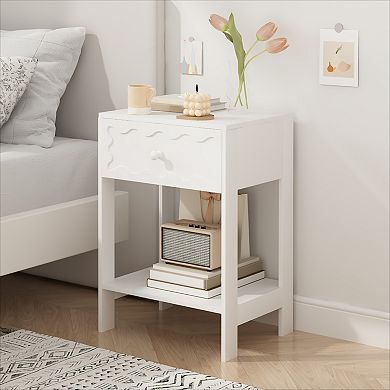 KWPZQEB Modern Wave Pattern Nightstand with Drawer and Open Shelf, Bedside Table for Bedroom