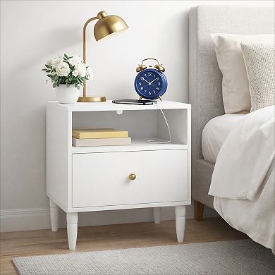 KWPZQEB Modern Nightstand with Drawer and Open Shelf, Wooden Small End Table for Bedroom
