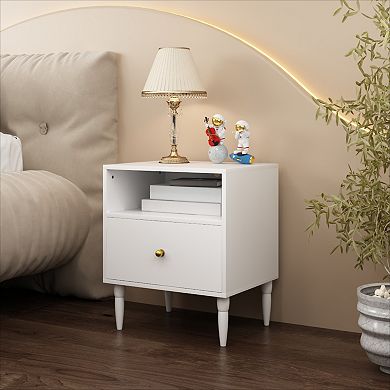 KWPZQEB Modern Nightstand with Drawer and Open Shelf, Wooden Small End Table for Bedroom