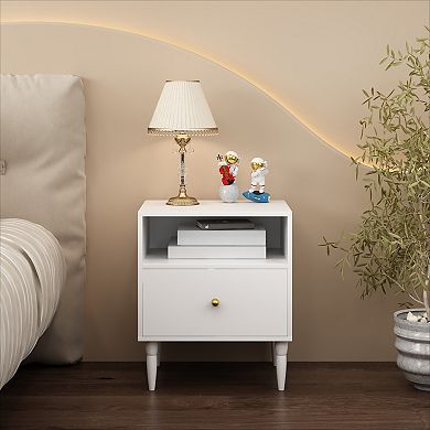 KWPZQEB Modern Nightstand with Drawer and Open Shelf, Wooden Small End Table for Bedroom