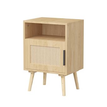 KWPZQEB Farmhouse Rattan Nightstand with Door Open Shelf, Bedside End Table for Bedroom