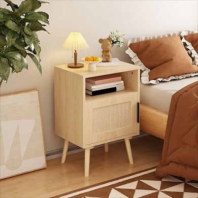 KWPZQEB Farmhouse Rattan Nightstand with Door Open Shelf, Bedside End Table for Bedroom
