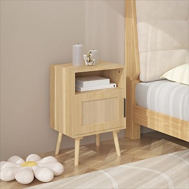 KWPZQEB Farmhouse Rattan Nightstand with Door Open Shelf, Bedside End Table for Bedroom