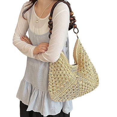 Women's Woven Straw Hobo Bag with Wooden Handle Bead Accents and Spacious Interior